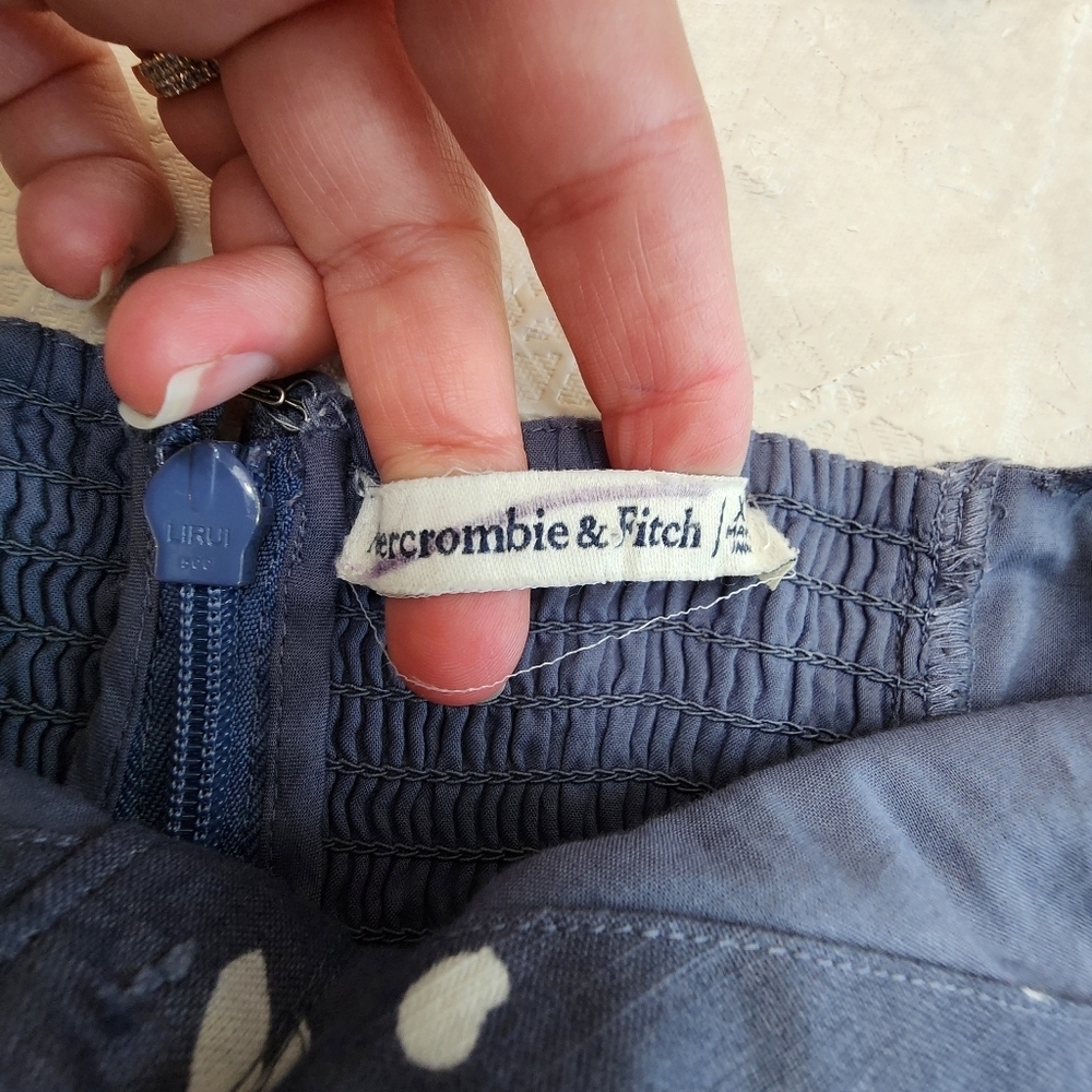 Abercrombie & Fitch Blue Dress Size XLT Cotton Gray White Dots Tie Strips - Picture 6 of 11